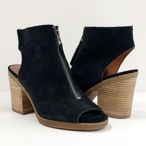 Lucky Brand Obaha Leather Suede Sandal Booties Peep Toe Open Heel Zip Up Vamp 10
